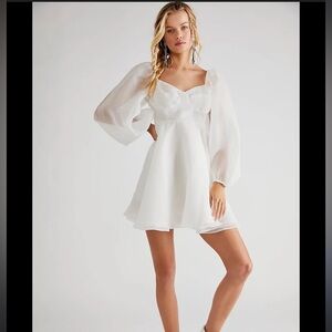 Selkie White Mini Dress with Puff Sleeves